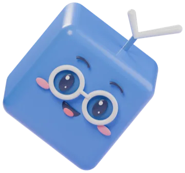 Bix tumbling corner over corner, a glossy blue cube with round white glasses and a check-mark antenna, smiling