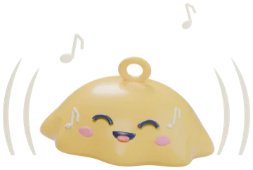 Vinesy landing with a bell bong, a small yellow dome squashed wide with rings of sound around it and a happy closed-eye smile