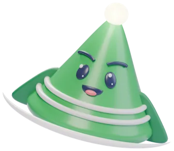 Zeeto tilted mid-spin, a glossy green cone with a glowing white tip and white stripes, grinning